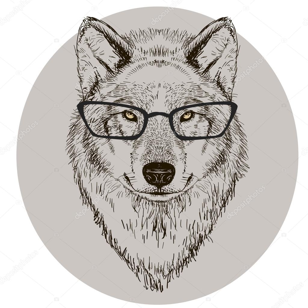 hipster portrait of wolf with glasses