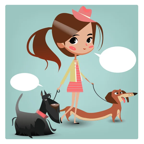 Маленькая симпатичная девочка из мультфильма с собаками — стоковый вектор