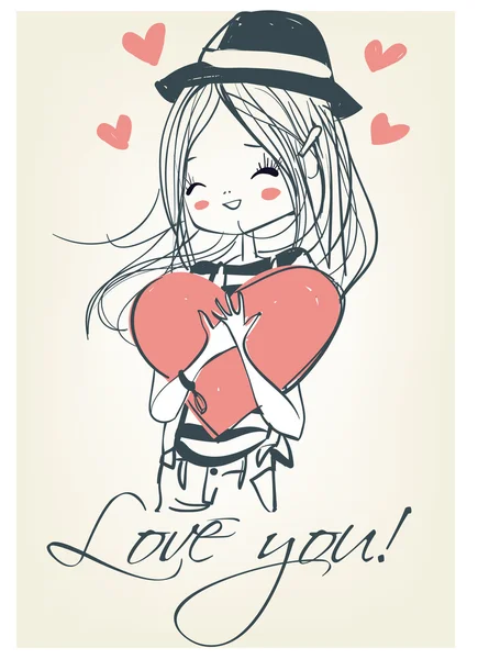 Beautiful cute girl with a heart. — Stock Vector