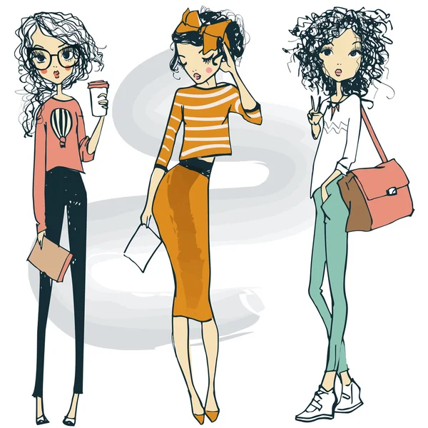 Cute fashion sketched girls — Stock Vector