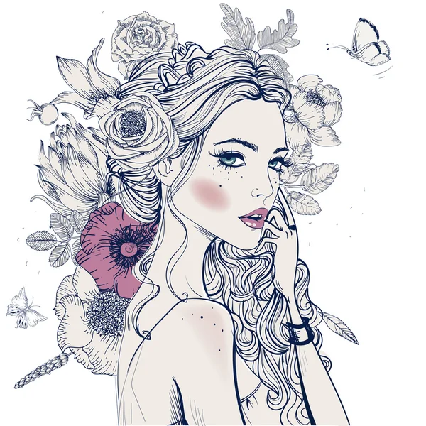 Joven hermosa mujer wirh flores — Vector de stock