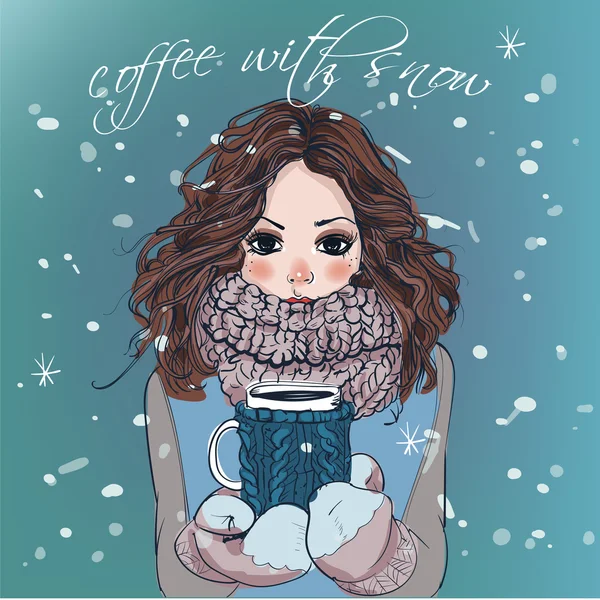 Linda chica de invierno con taza de café — Vector de stock