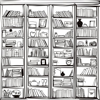 Kütüphane kitap rafı vektör arka plan doodle