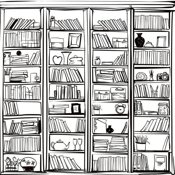Vecteur de bibliothèque bibliothèque étagère fond doodle — Image vectorielle
