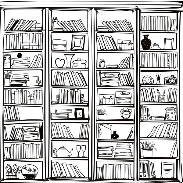 Vector de biblioteca estante doodle fondo — Vector de stock