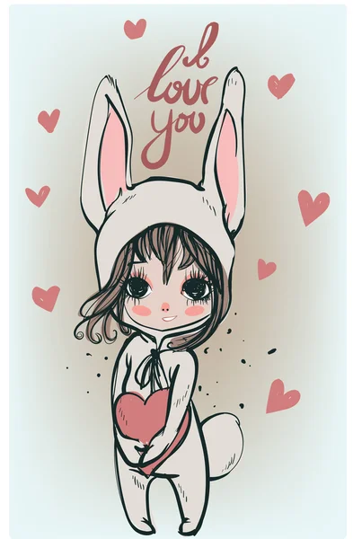 Cute white bunny girl - vector illustration - Stok Vektor