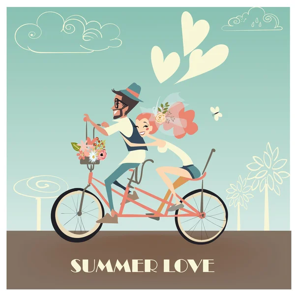 Pareja de boda en bicicleta — Vector de stock