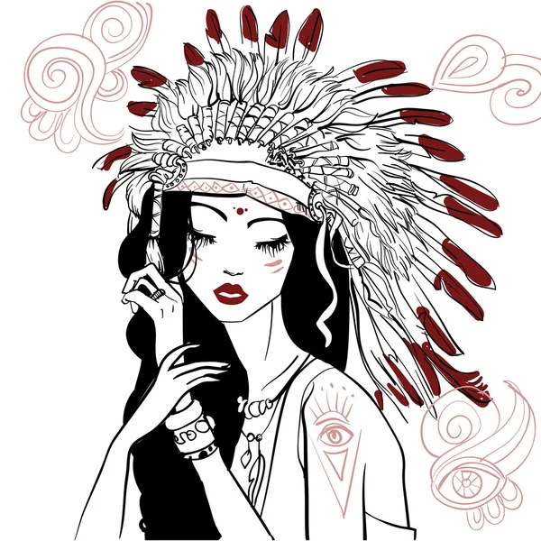 Young beautiful native american woman — Stock Vector