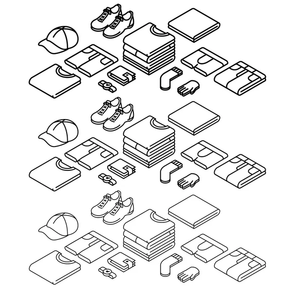 Isométriques icônes contour, ensemble vectoriel, vêtements. Icônes de ligne mince . — Image vectorielle