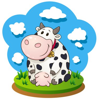 Çimenlerin üzerinde oturan dostu karikatür inek.