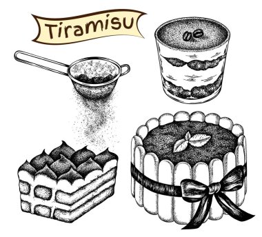 Beyaz arka planda izole edilmiş bir çift çizilmiş İtalyan tatlı tiramisusu. Mascarpone, savoiardi, kahve, kakao. Fırın, menü, kafe, restoran elementleri. Vektör illüstrasyonu