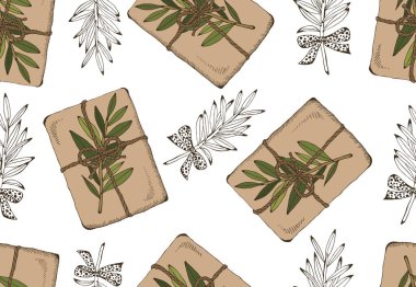 Renkli Noel hediyeleri ve Noel ağacıyla çizilmiş el çiziminin vektör çizimi. Eski yaprak, yeni yıl hediyesi, hediye, tatil geçmişi, eski duvar kağıdı..