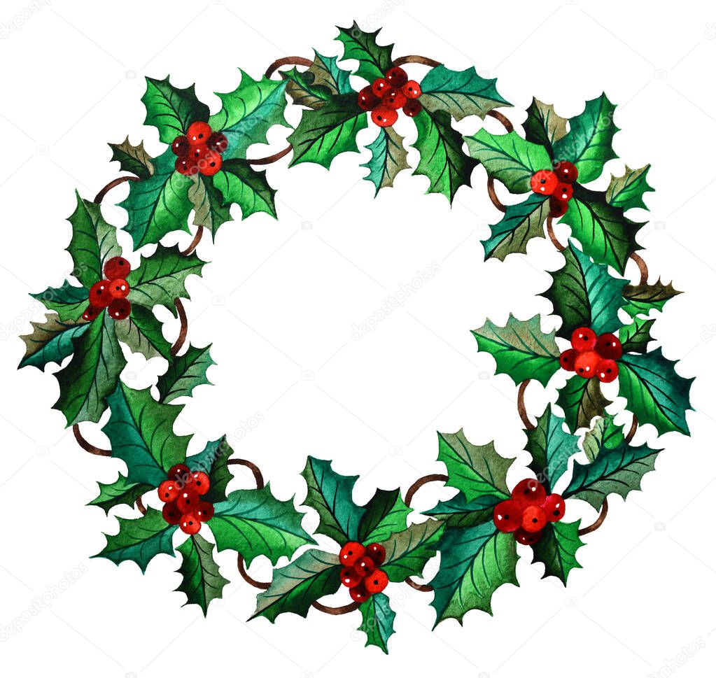 Watercolor illustration of hand drawn Merry Christmas botany . Floral wreath. Tree branches composition with mistletoe  and red berries.Isolated on white background. Happy New Year.