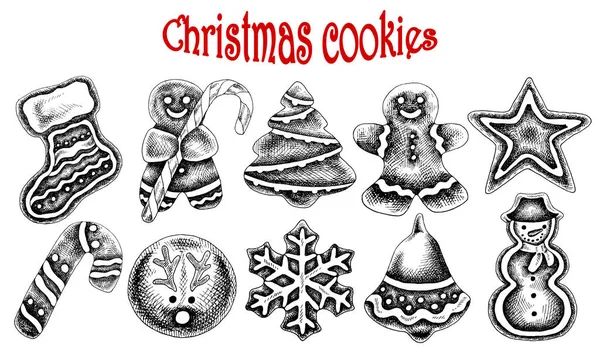 Vektorová Ilustrace Ručně Kreslené Sady Vánočních Sušenek Cukrovinkami Perník Sněhová — Stockový vektor