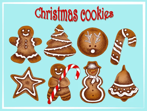 Ilustração Vetorial Esboço Desenhado Mão Definir Natal Cookies Coloridos Com — Vetor de Stock