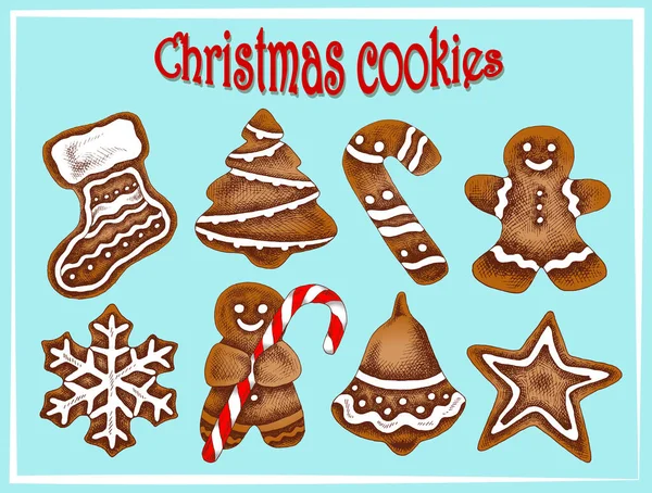 Ilustração Vetorial Esboço Desenhado Mão Definir Natal Cookies Coloridos Com — Vetor de Stock