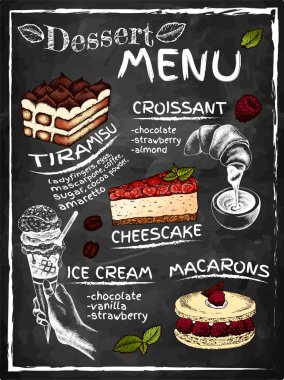 Eskiz kek, dondurma, gelato, tiramisu, cheesecake, croissant, macaron ile birlikte tatlı menüsünün el çizimi posteri. Kafe menüsü ve restoran için arka plan. Vektör illüstrasyonu, kara tahta.