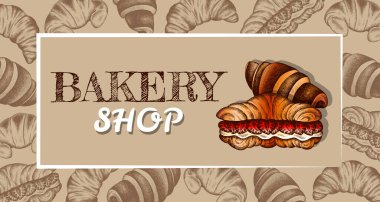 Üzerinde kruvasan olan el çizimi posterin vektör çizimi. Vintage pastane geçmişi. Çilekli kruvasan. Broşür, afiş, tatlı menüsü, pastane, market. Doğrusal grafik, oymalı.