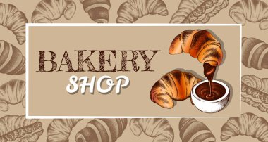 Üzerinde kruvasan olan el çizimi posterin vektör çizimi. Vintage pastane geçmişi. Çikolatalı kruvasan. Broşür, afiş, tatlı menüsü, pastane, market. Doğrusal grafik, oymalı.