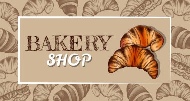 Üzerinde kruvasan olan el çizimi posterin vektör çizimi. Vintage pastane geçmişi. Doldurulmuş kruvasan. Broşür, afiş, tatlı menüsü, pastane, market. Doğrusal grafik, oymalı.