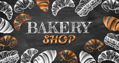 Üzerinde kruvasan olan el çizimi posterin vektör çizimi. Vintage pastane geçmişi. Doldurulmuş kruvasan, krema, krema. Broşür, afiş, tatlı menüsü, pastane, market. Tebeşir tahtası.