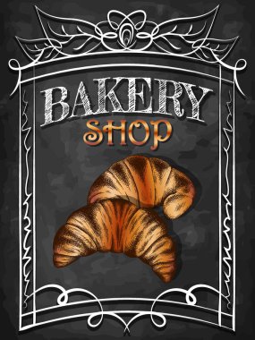 Üzerinde kruvasan olan el çizimi posterin vektör çizimi. Vintage pastane geçmişi. Doldurulmuş kruvasan, krema, krema. Broşür, afiş, tatlı menüsü, pastane, market. Tebeşir tahtası.
