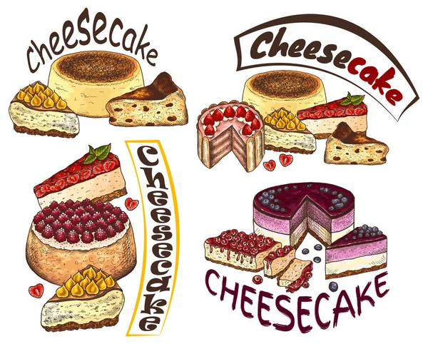 Ilustración Vectorial Boceto Dibujado Mano Logo Cheesecake Con Fresa Cereza — Archivo Imágenes Vectoriales