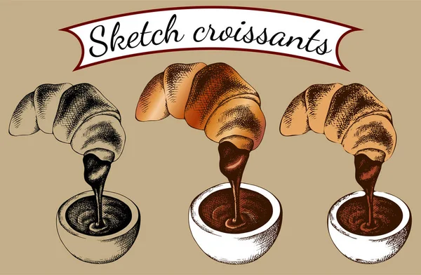 Vector Illustration Set Von Isolierten Skizzen Süße Französische Croissants Mit — Stockvektor