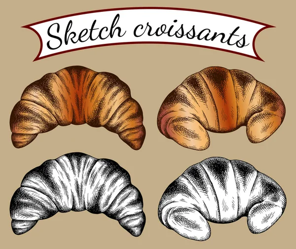 Vektorové Ilustrační Sada Izolovaných Náčrtků Sladké Čerstvé Francouzské Croissanty Náplní — Stockový vektor