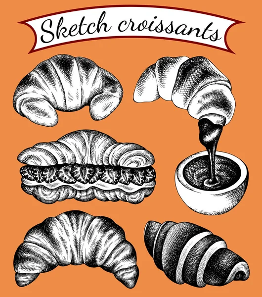 Vector Illustration Set Von Isolierten Skizzen Süße Croissants Mit Füllung — Stockvektor