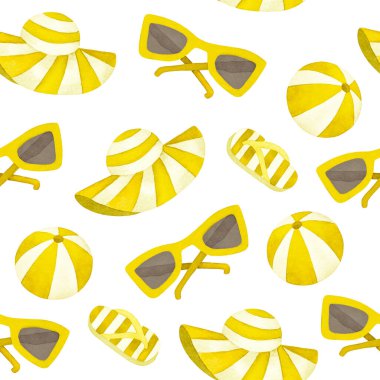 Suluboya el çizimi, yaz tatili desenli terlikler, şezlong, şapka, Lifebuoy, güneş gözlüğü. Seyahat şeyleri. Kumsal. Antika, Retro. Eski model. Moda baskı tasarımı. Deniz ve Okyanus. 