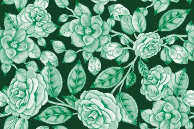 Asyalı kamelyalar ve yapraklı güllerle çizilmiş suluboya el resmi. Bahar çiçekleri. Çiçek arkaplan. Çiçek açan, klasik, Japonca, Çince, botanik duvar kağıdı.