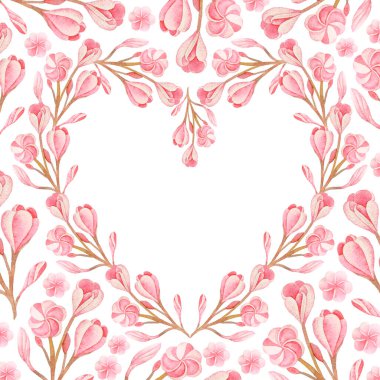 Çiçekli kalbin suluboya elle çizilmiş hali. Pembe çiçekli buket kompozisyon. Sevgililer Günü kartı. Aşk, düğün davetiyesi, kartpostal, tesisat, gül. Bahar ya da yaz tasarımı.