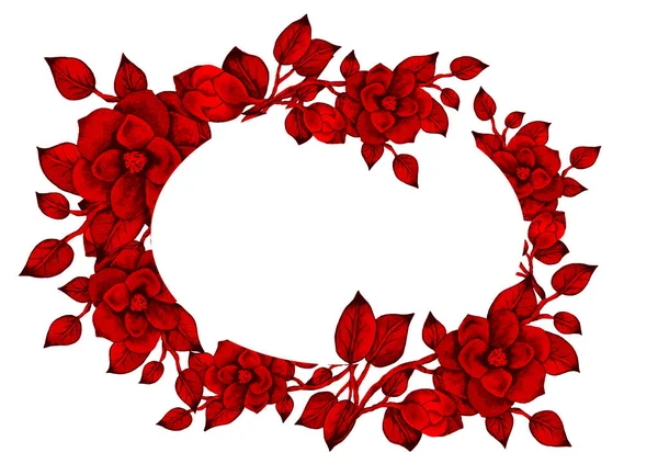 Ilustracja Ręcznie Rysowana Ramka Czerwonymi Kameliami Azjatyckimi Różami Liśćmi Wiosenne — Zdjęcie stockowe