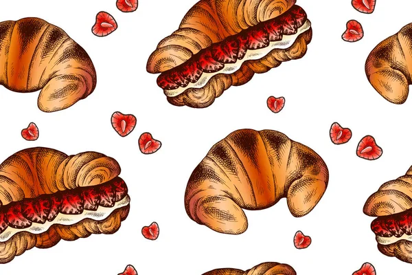 Illustration of hand drawn pattern with sketch croissants. Croissant with filling , strawberry, cream. Wallpaper, background for dessert menu, bakery, cafe, pastry shop, restaurant. Sweet tasty food.