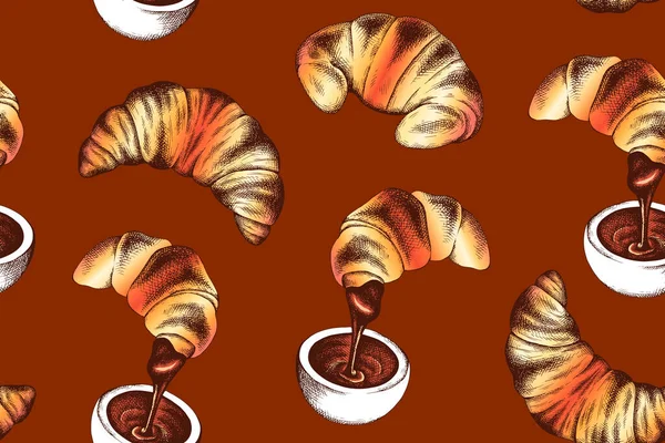 Illustration of hand drawn pattern with sketch croissants. Croissant with filling , chocolate, coffee. Wallpaper, background for dessert menu, bakery, cafe, pastry shop, restaurant. Sweet tasty food.