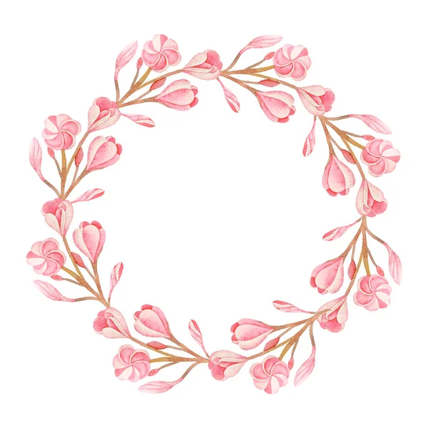 Ilustração Moldura Redonda Aquarela Desenhada Mão Com Flores Plumeria Rosa — Fotografia de Stock