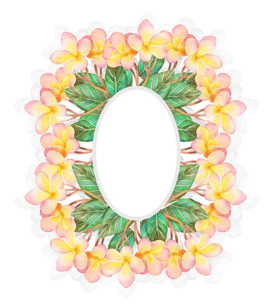 Ilustração Aquarela Mão Desenhada Cartão Floral Verde Com Folhas Plumeria — Fotografia de Stock