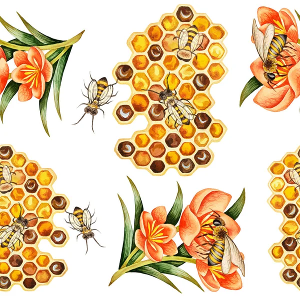 Иллюстрация Акварельного Рисунка Ручной Работы Красочными Весенними Цветами Пчелой Настоящая — стоковое фото