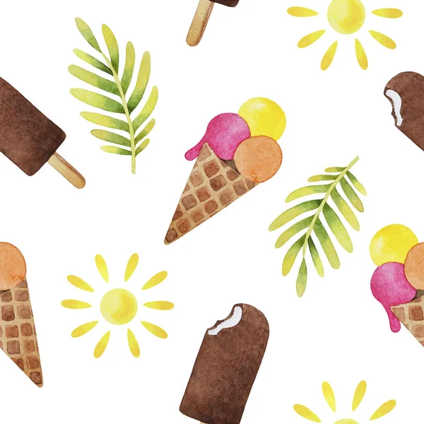 Illustration of watercolor hand drawn Summer pattern with tropical leaves, flower, ice cream, sun, beach, sea, ocean, sky, palm tree, sun. Exotic background. Vanilla, pink, strawberry, banana. Cartoon