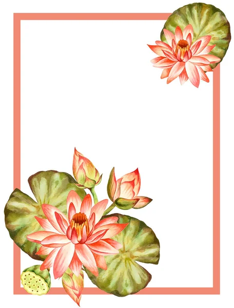 Illustration Watercolor Hand Drawn Frame Pink Lotus Flower Green Leaves — Stock Photo, Image