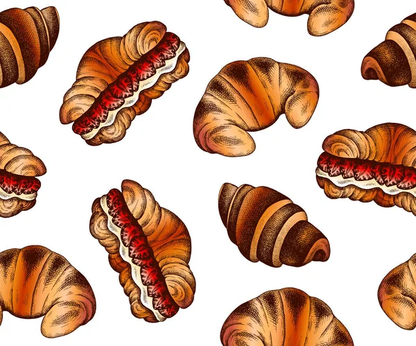 Illustration Hand Drawn Pattern Sketch Croissants Croissant Filling Strawberry Cream — Stock Photo, Image