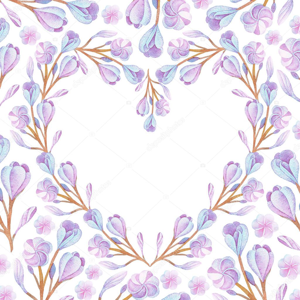 Illustration of watercolor hand drawn floral heart. Bouquet composition with violet or purple flowers. Valentine Day card. Love, Wedding invitation, postcard, plumeria. Spring or summer design.