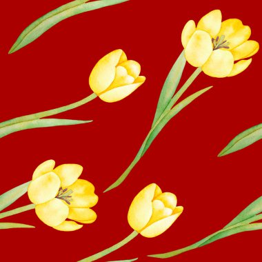 Sarı lalelerle çizilmiş suluboya el resmi. Arka plan, tekstil, doku, ambalaj deseni, çerçeve ya da kenar için Aquarelle yabani çiçeği. Japon ve Çin tarzı..