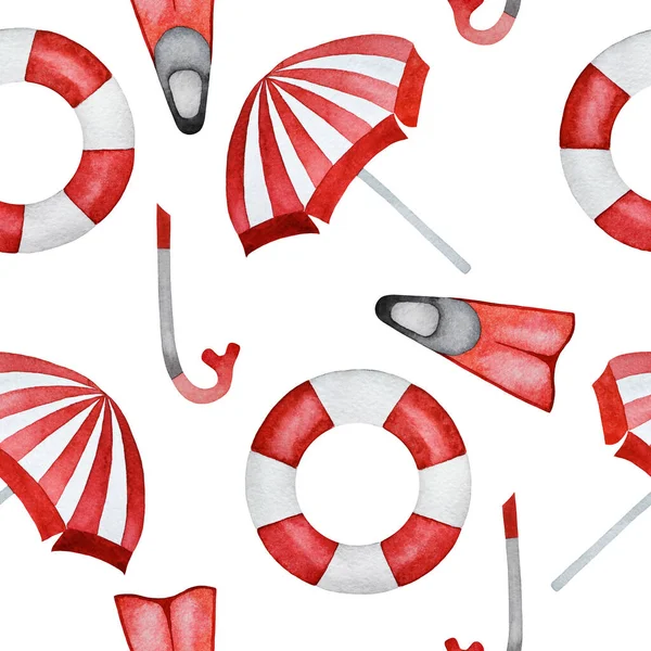 Illustration Watercolor Hand Drawn Red Summer Vacation Pattern Sun Umbrella — Stock Photo, Image