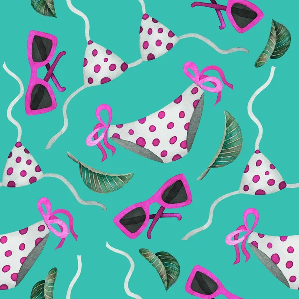 Suluboya el çizimi yaz tatili desenini mayo, güneş gözlüğü ve tropikal yapraklarla çizdi. Seyahat şeyleri. Kumsal. Eski model. Retro, klasik tarzda. Hawaii, Bali, Tayland, Maldivler.