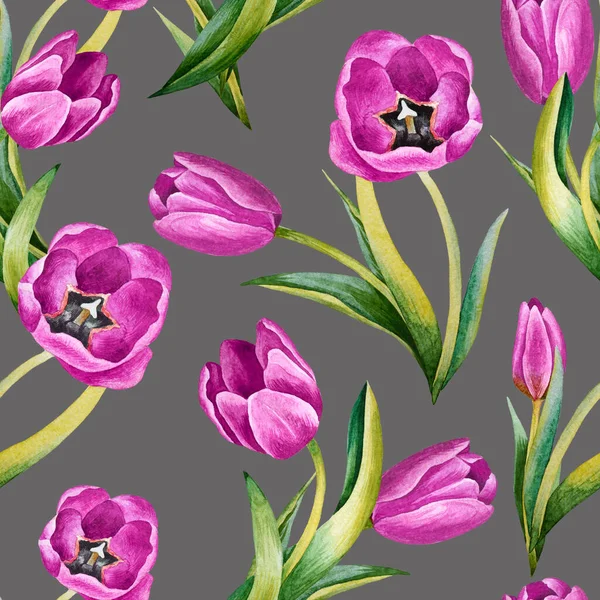 Ilustración Del Patrón Acuarela Dibujado Mano Con Flores Tulipán Primavera — Foto de Stock