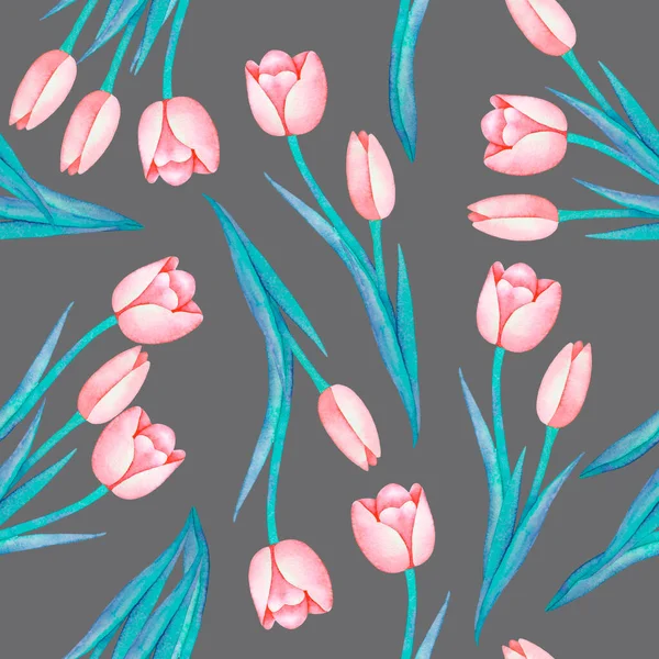 Illustratie Van Aquarel Met Hand Getekend Patroon Met Kleurrijke Tulpen — Stockfoto