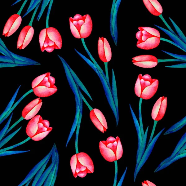 Ілюстрація Акварельних Рук Барвистими Весняними Тюльпанами Ботанічне Мистецтво Жіночий День — стокове фото
