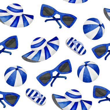 Suluboya el çizimi, yaz tatili desenli terlikler, şezlong, şapka, Lifebuoy, güneş gözlüğü. Seyahat şeyleri. Kumsal. Antika, Retro. Eski model. Moda baskı tasarımı. Deniz ve Okyanus. 